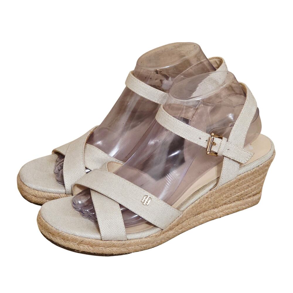 Tommy Hilfiger Espadrille Wedge Sandals Ankle Strap Womens Size 9M Tan